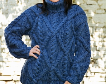 Chunky Knitted Wool Sweater, Hand Knitted Soft Blue Jumper, Sustainable Knitwear, Cable Knit Jersey, Men Knitwear, Denim Boho Sweater