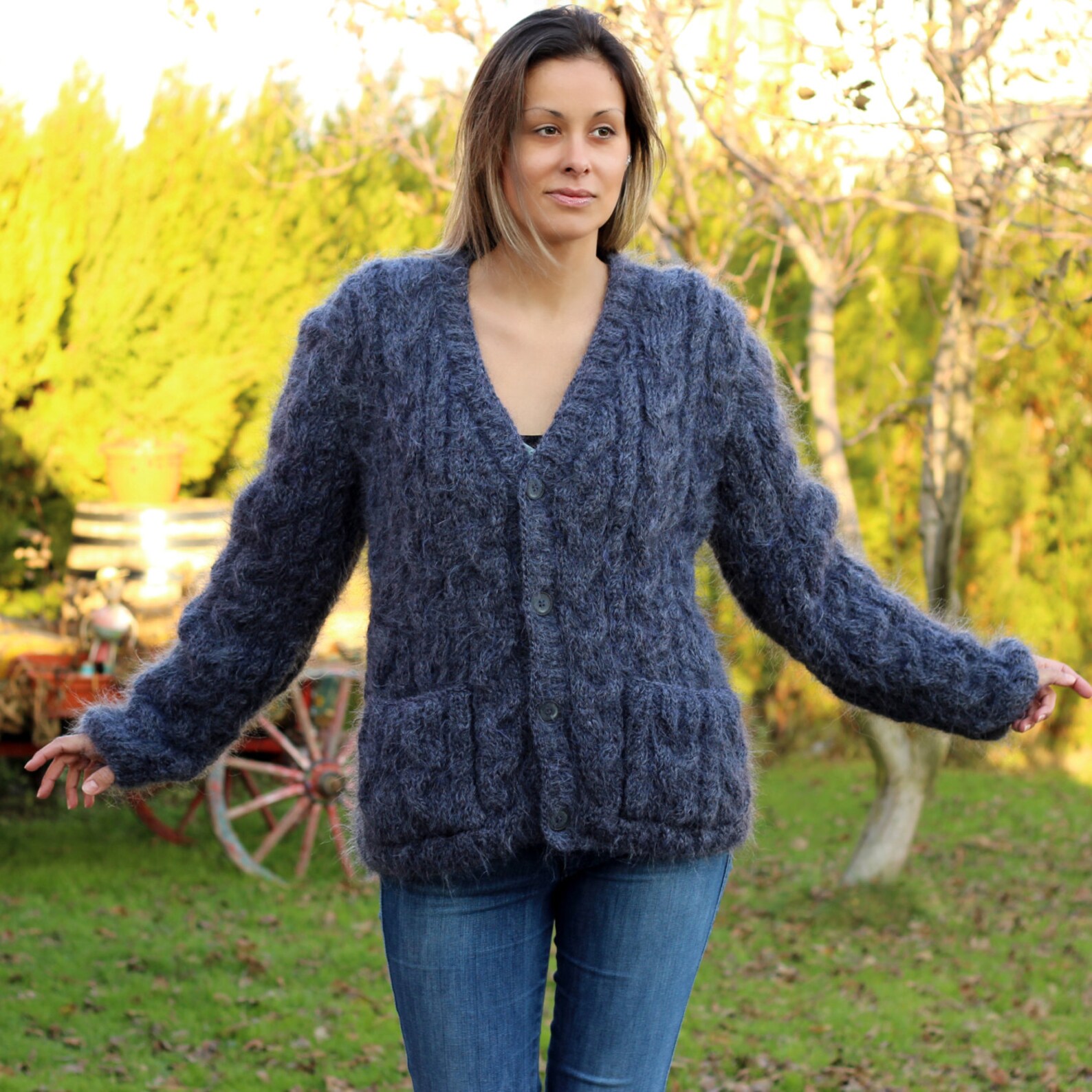 Made to Order Hand Knit Mohair Cardigan Cable Dark Gray Fuzzy Etsy