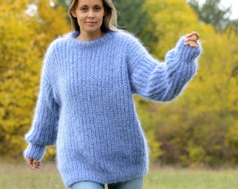 New Blue Gray Hand Knit Mohair Ribbed Sweater Crew neck Fuzzy Pullover by Extravagantza MADE to ORDER