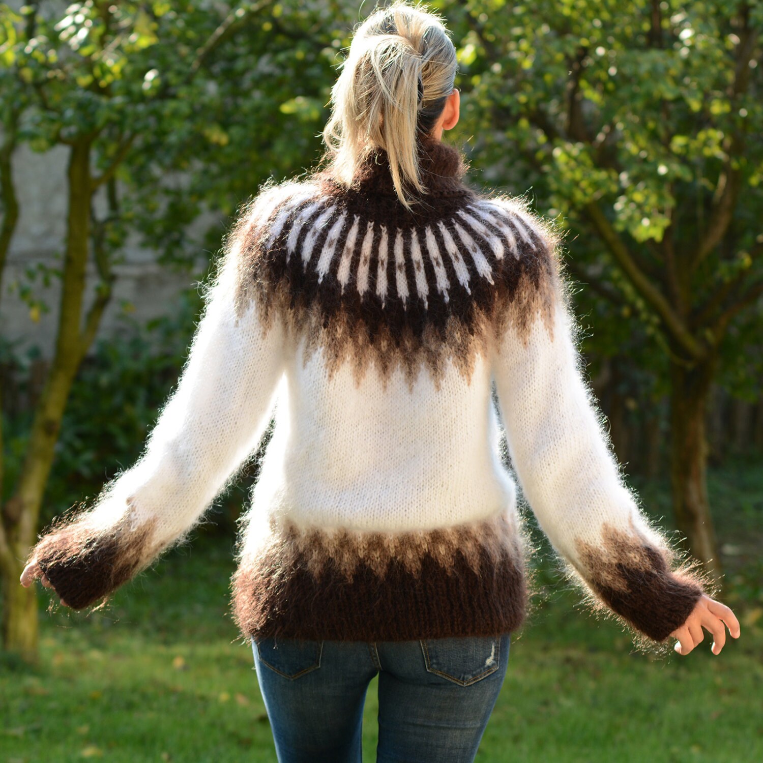 Hand Knit Mohair Icelandic Sweater Norwegian White Brown Fuzzy - Etsy