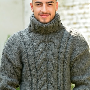 Hand Knitted Wool Sweater, Gray Chunky Jumper, Designer Cable knit Turtleneck,Grey Unisex Wool Pullover by Extravagantza