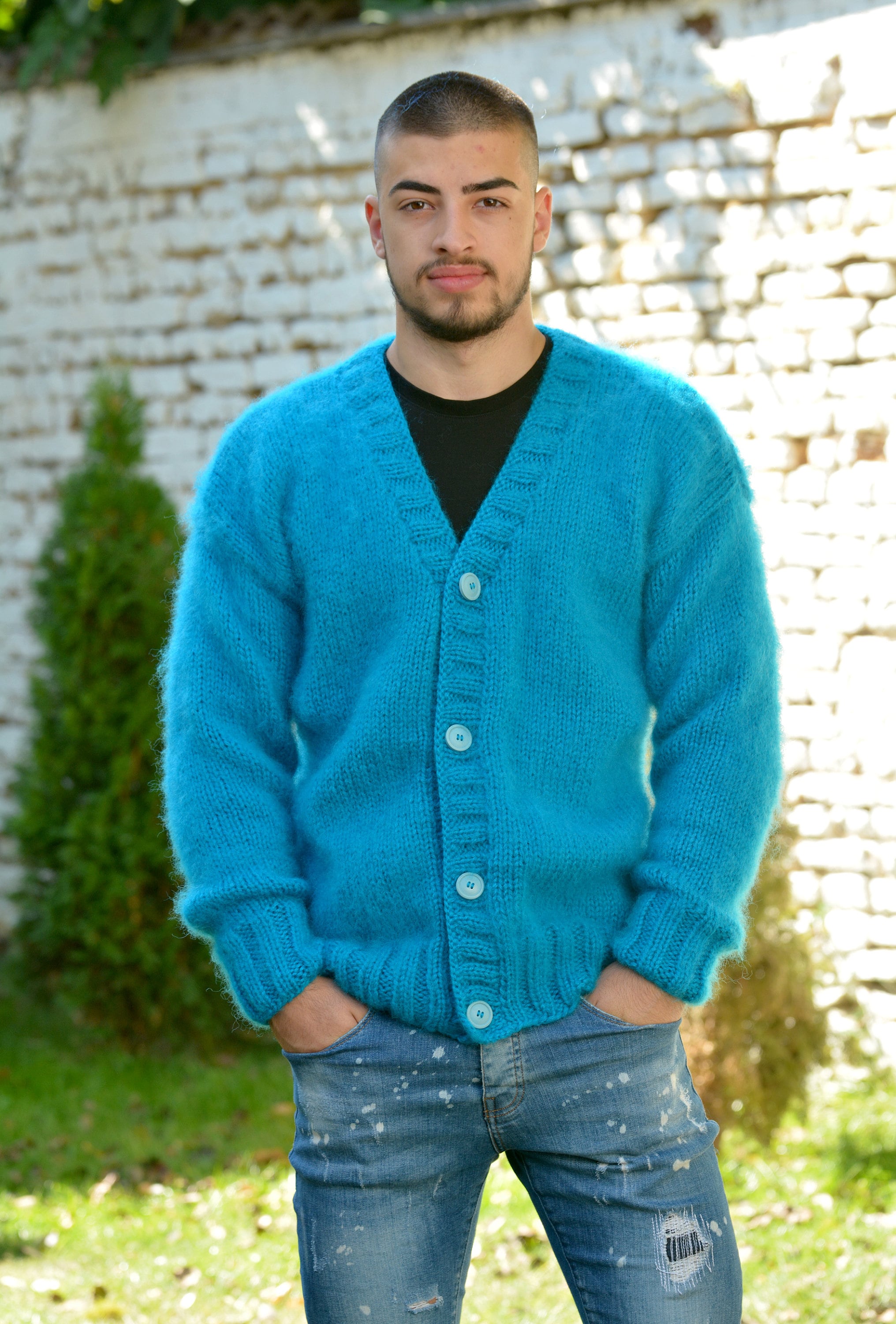 Hand Knit Mohair Cardigan, Fuzzy Coat Jumper, Jacket Blue