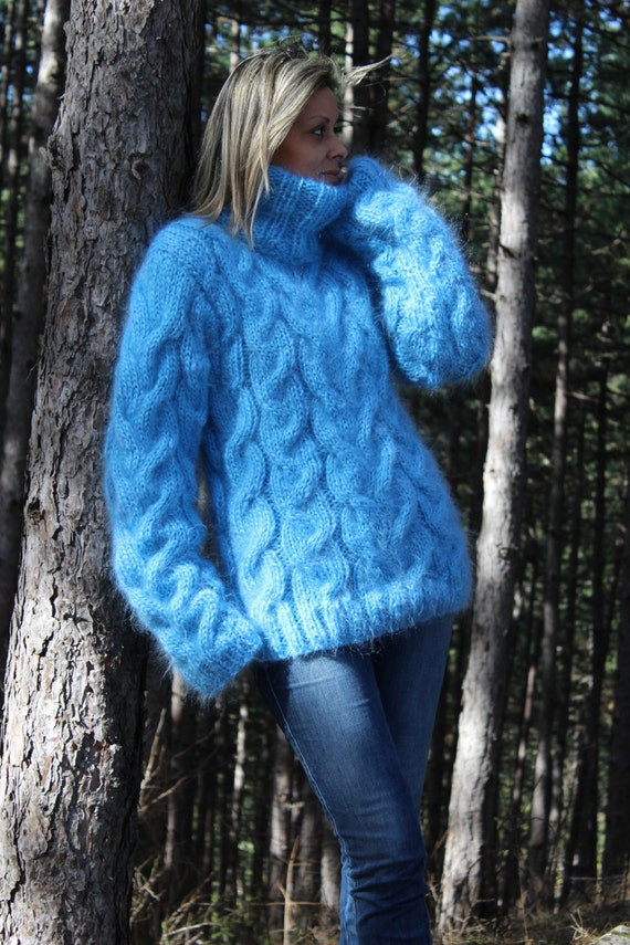 Hand Knit Mohair Sweater Cable Light Blue Fuzzy Turtleneck Etsy Australia