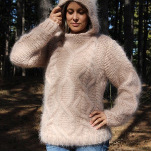 Hand Knit Mohair Sweater Cable Champaign Fuzzy Hooded Jumper Pullover ...
