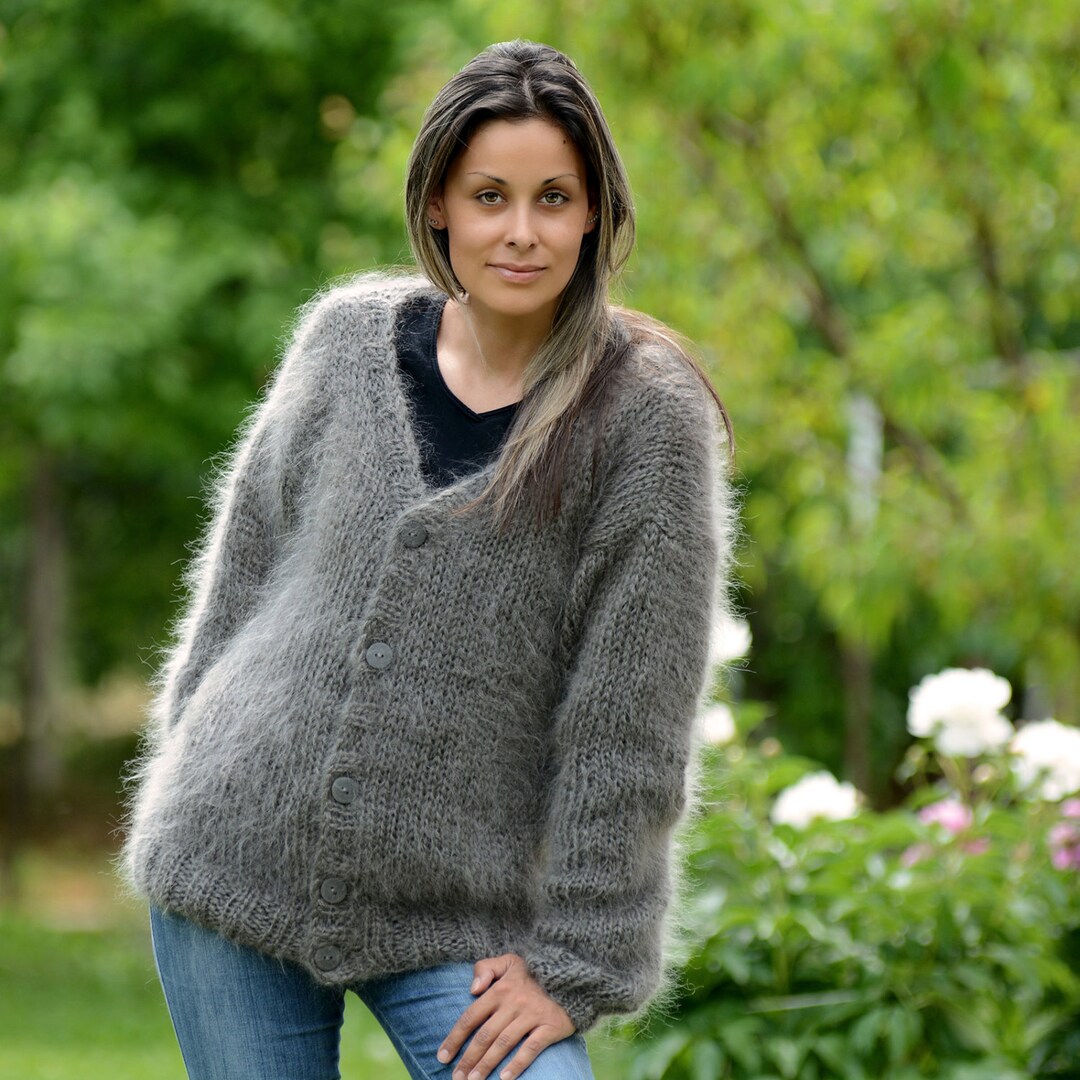 argue mohair wool shaggy cardigan グレー argue mohair wool shaggy cardigan グレー loose fit mohair blend v