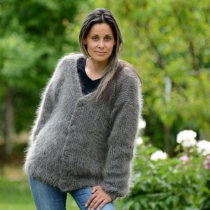 Mohair Cardigan, GRAY Fuzzy Coat, fluffy Jumper, Hand Knit Jersey, Jacket Sweater by Extravagantza