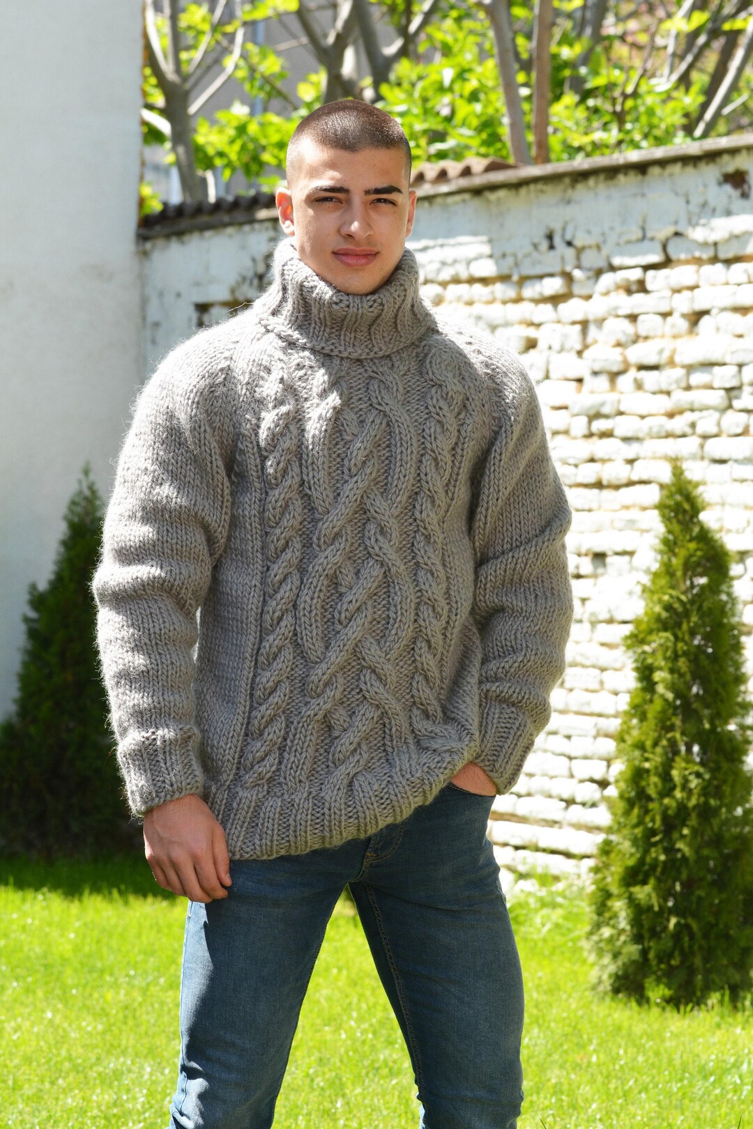 Cable Hand Knit Wool Sweater, Turtleneck Grey Jumper, Fuzzy and