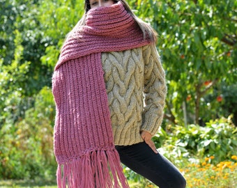 Hand Knitted Scarf 100% Wool Soft Wrap Knit Dark Pink Chunky Soft Warmer Long Winter Shawl by EXTRAVAGANTZA