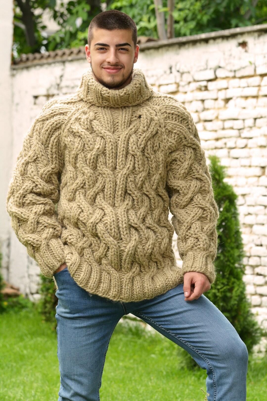 Thick Cable Hand Knit 100% WOOL Turtleneck Sweater Light Beige Fuzzy ...