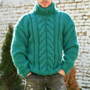 Hand Knitted Wool Sweater, Chunky Jumper, Designer Cable knit Turtleneck, Green Unisex Wool Pullover by Extravagantza image 9