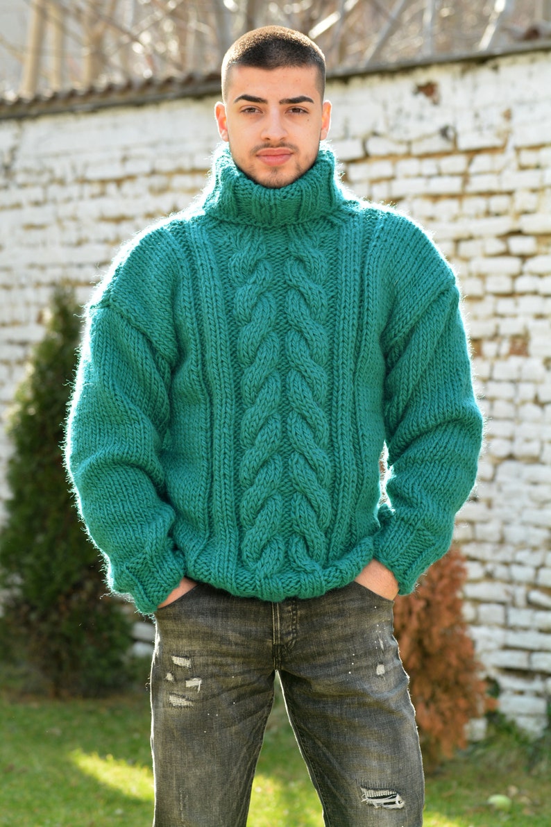 Hand Knitted Wool Sweater, Chunky Jumper, Designer Cable knit Turtleneck, Green Unisex Wool Pullover by Extravagantza image 9