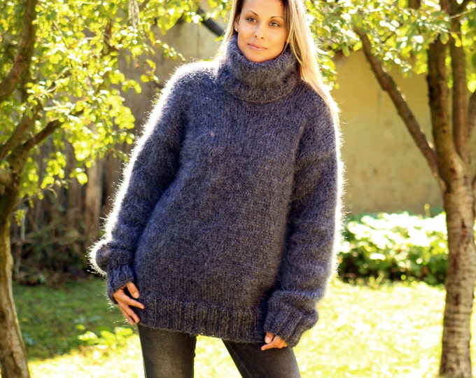 Hand Knit Mohair Sweater Dark Gray Fuzzy Turtleneck Jumper Pullover ...