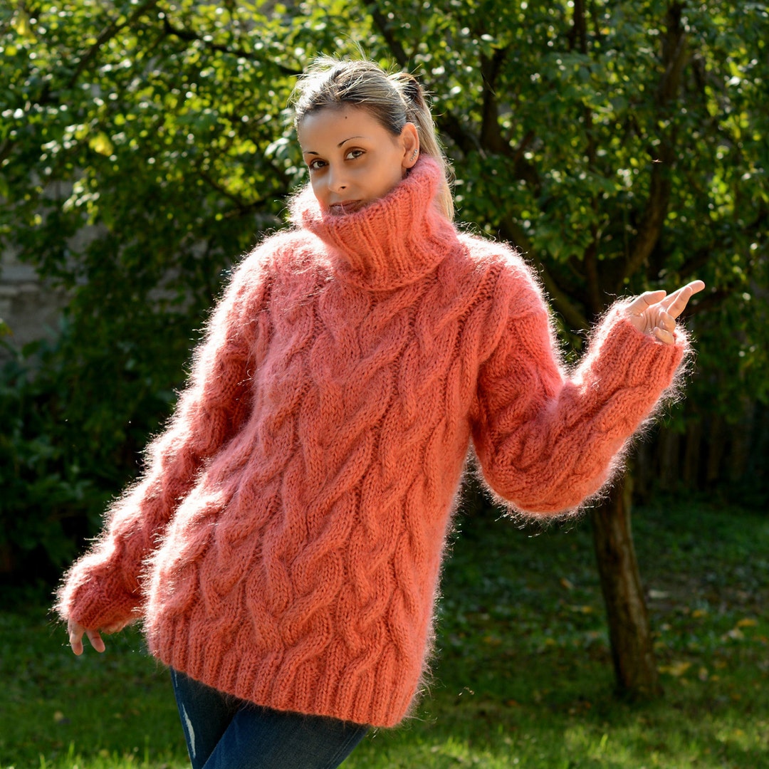 Hand Knit Mohair Sweater Cable Coral Color Fuzzy Turtleneck - Etsy
