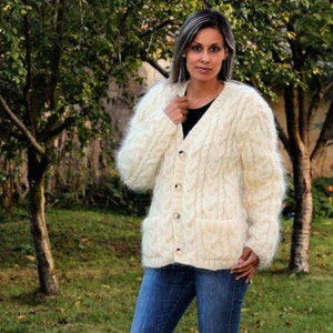 Hand Knitted Mohair Cardigan White Cable Fuzzy Sweater Coat Jumper Jersey Jacket 2 pockets MADE to ORDER by Extravagantza image 1