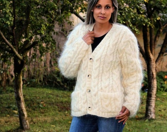 Hand Knitted Mohair Cardigan White Cable Fuzzy Sweater Coat Jumper Jersey Jacket  2 pockets - MADE to ORDER - by Extravagantza