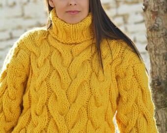 Hand Knitted Thick Yellow Wool Sweater With Turtleneck, Ready to