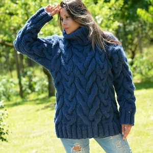 Wool Turtleneck Sweater, Cable Jumper, Hand Knitted Dark Blue Fuzzy Thick Jersey by Extravagantza