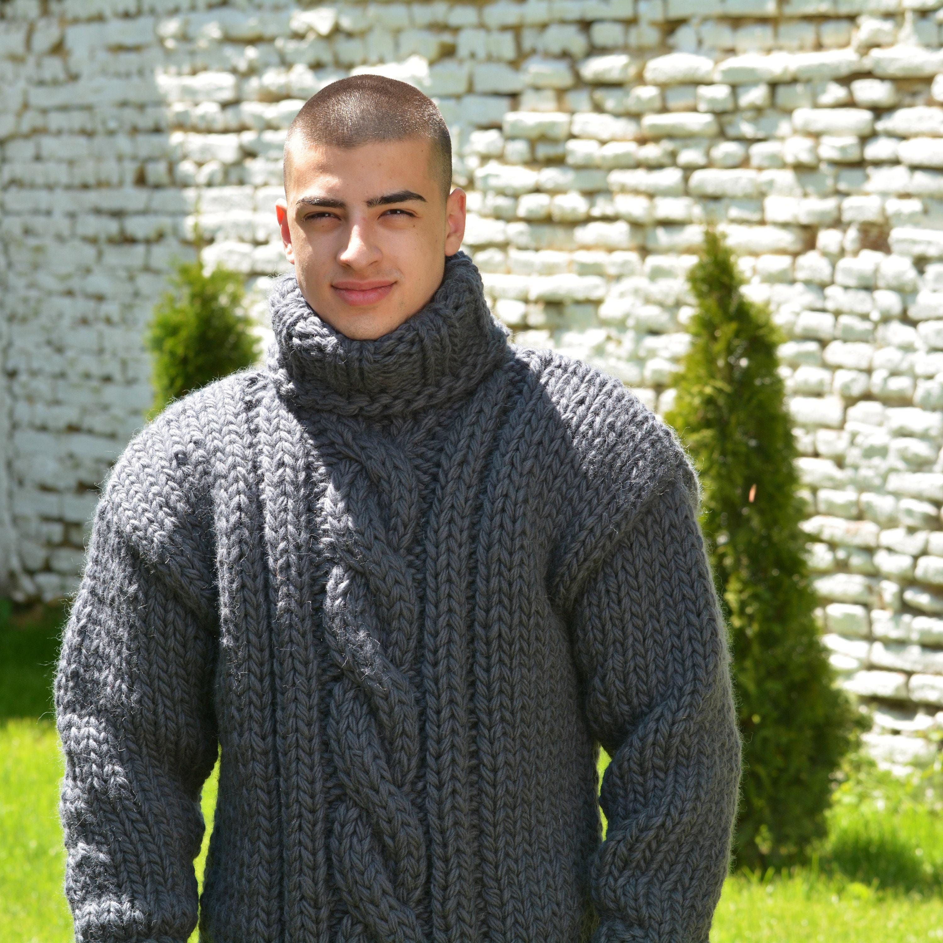 Thick Hand Knit WOOL Turtleneck Sweater Cable Dark Grey Jumper