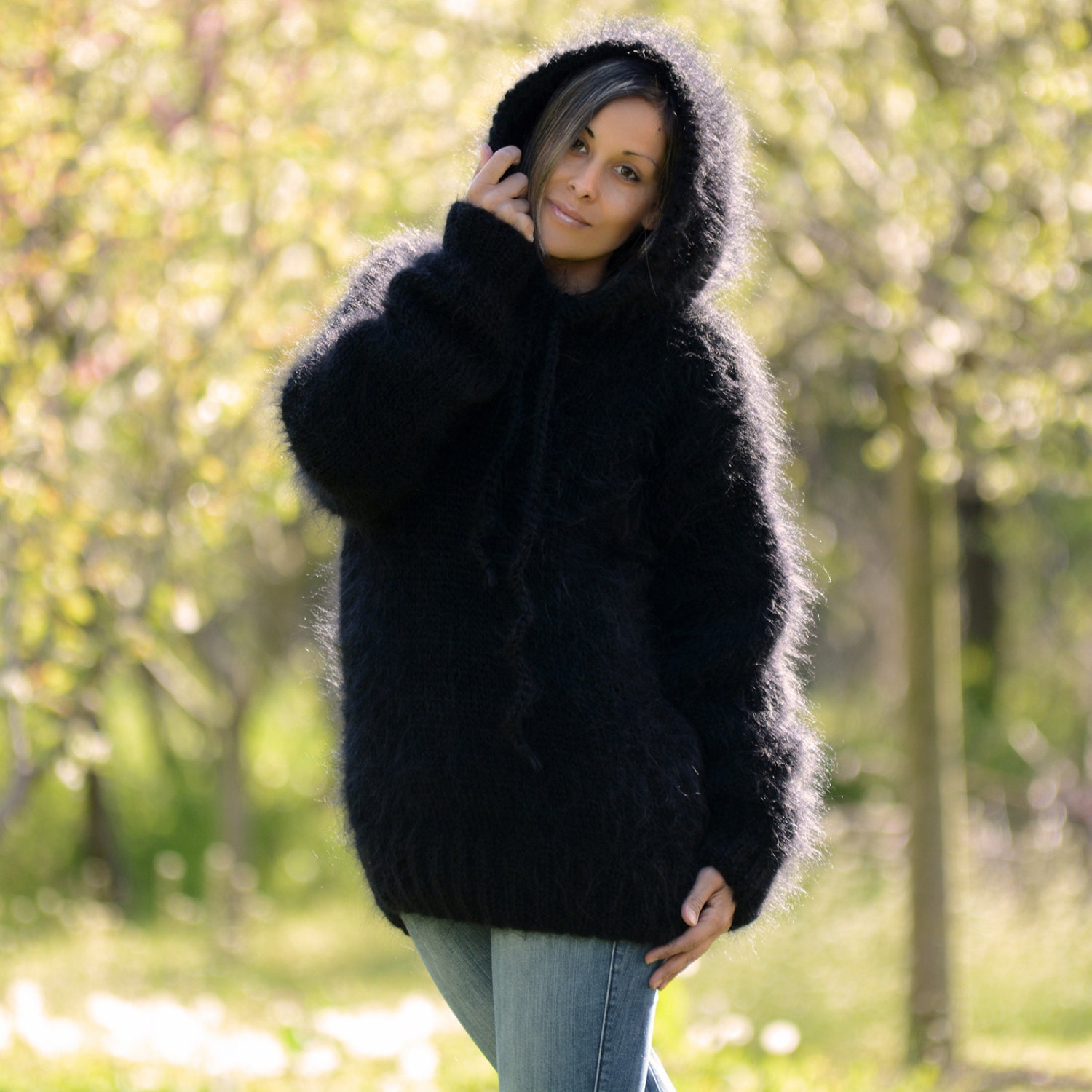 Hand Knit Mohair Sweater Black Fuzzy Hooded Jumper Pullover Jersey Design by EXTRAVAGANTZA Etsy Canada