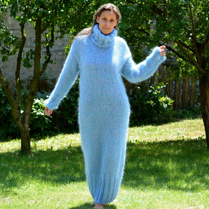 Hand Knit Mohair Turtleneck Dress Long Fuzzy Light Blue Fluffy | Etsy