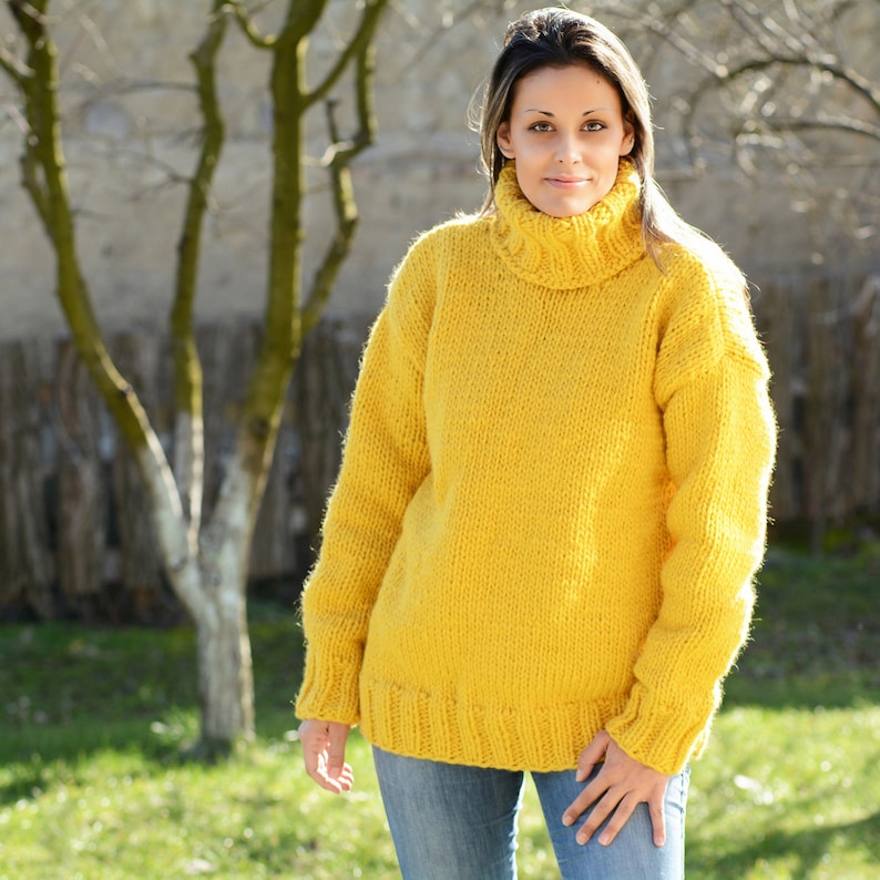 Hand Knitted Pure Wool Sweater Yellow Soft Turtleneck Jumper - Etsy