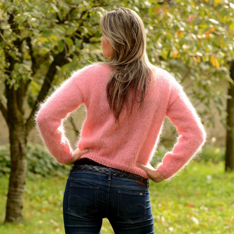 Hand Knit Mohair Sweater Pink Fuzzy Crew Neck Jumper Baby Pink Etsy