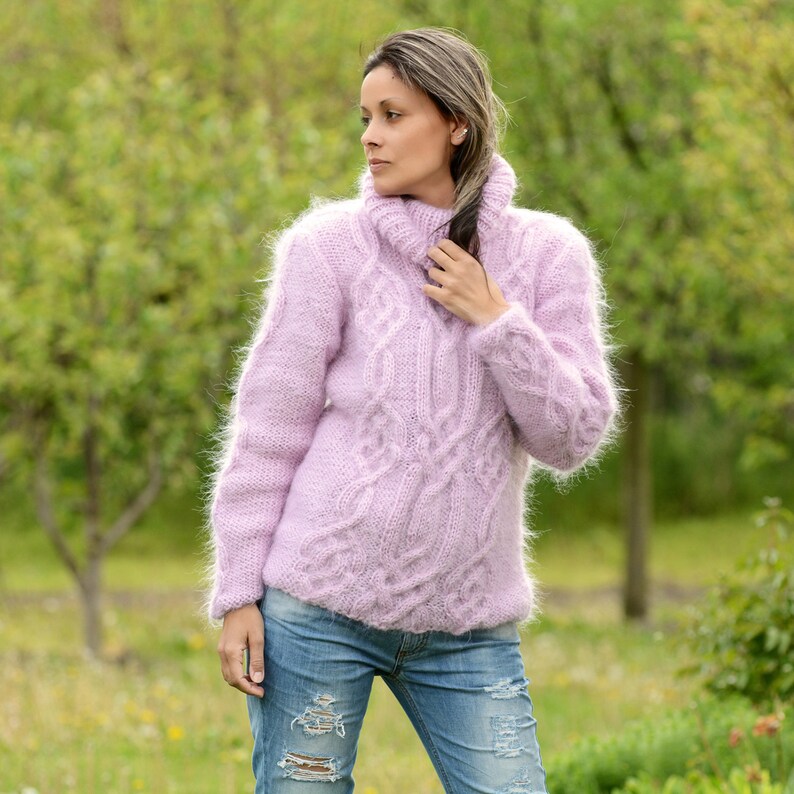 Hand Knit Mohair Sweater Cable Pink Fuzzy Turtleneck Jumper | Etsy