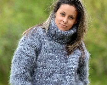 Thick Mohair Sweater, Hand Knit Pullover, 10 strands Gray Mix Fuzzy Turtleneck Jumper by EXTRAVAGANTZA