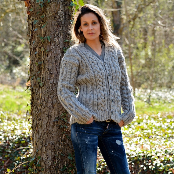 ✅Hand Knit - Cable knit wool cardigan Cable Wool Cardigan, Soft Hand Knit Coat Jumper, Cable Knitted