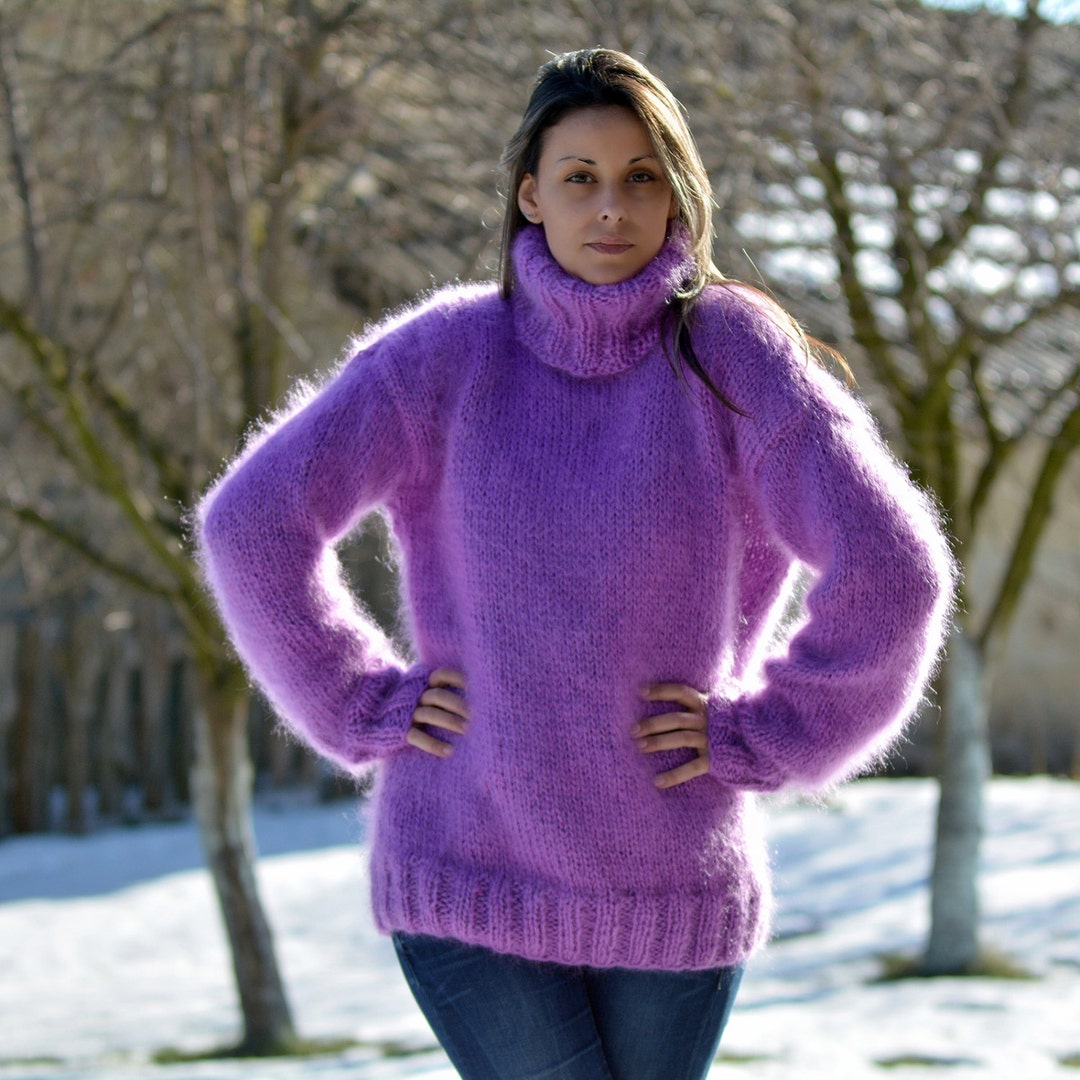 Purple Sweater Hand Knit Mohair Pullover Fuzzy Turtleneck - Etsy
