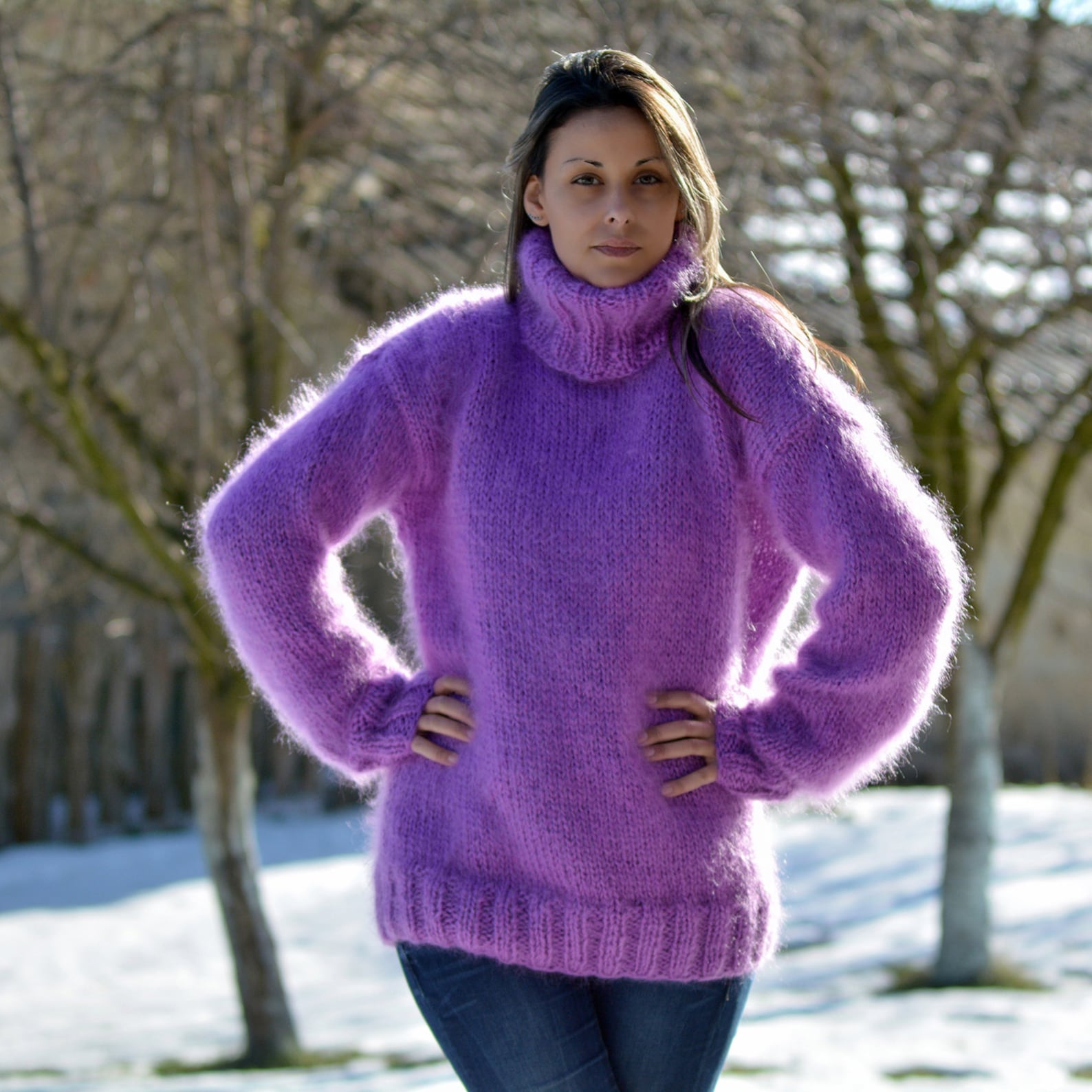 Purple Sweater Hand Knit Mohair Pullover Fuzzy Turtleneck - Etsy