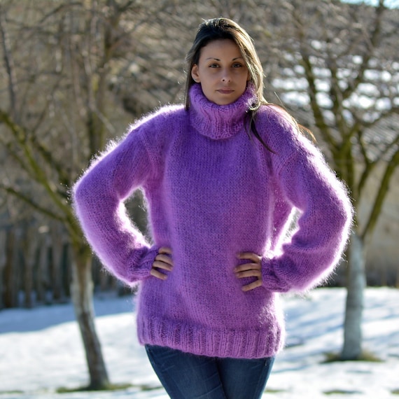 Purple Sweater, Hand Knit Mohair Pullover Fuzzy Turtleneck Jumper