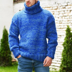 Designer Hand Knitted Wool Sweater Blue mix Turtleneck Jumper, Chunky Winter Pullover, Mock Jersey by EXTRAVAGANTZA