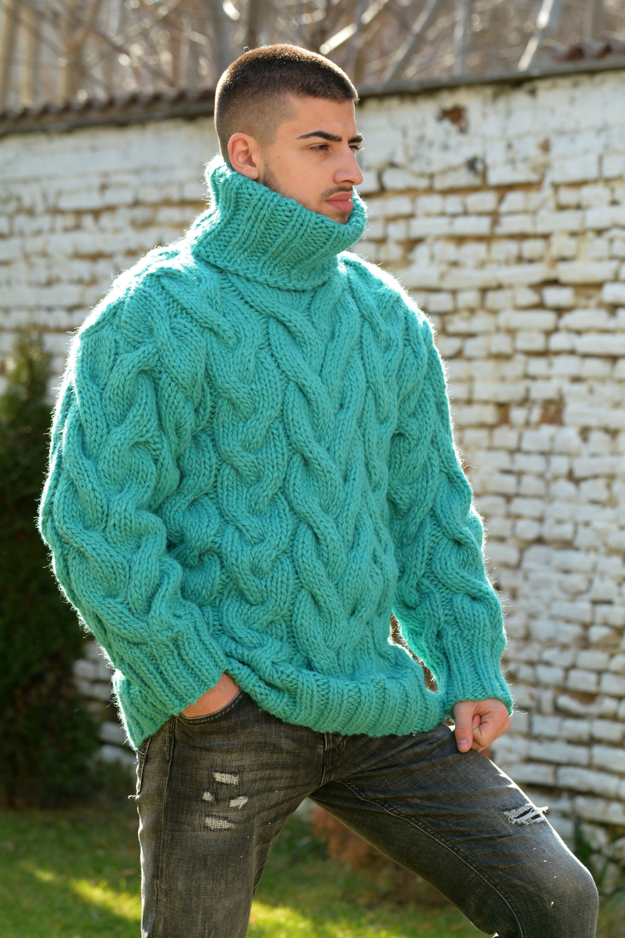 Hand Knitted Wool Sweater Light Blue Turtleneck Cable - Etsy