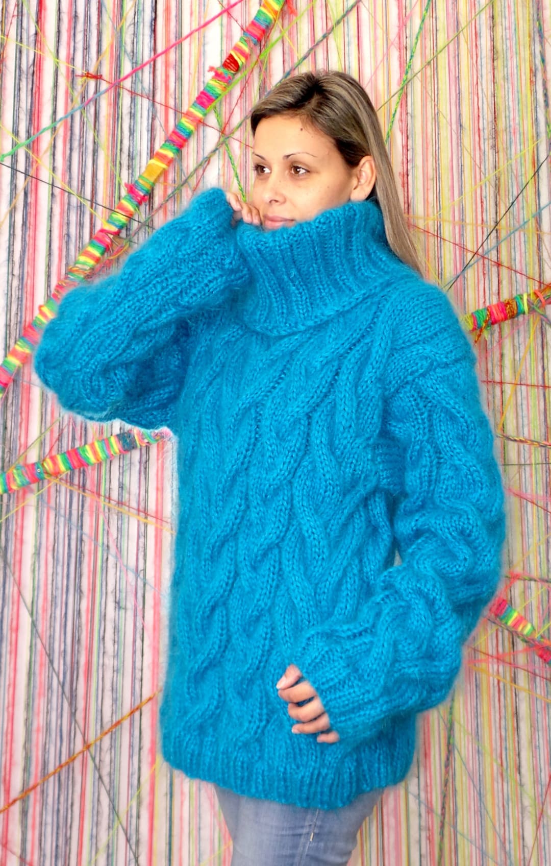 Hand Knit Mohair Sweater Cable Blue Fuzzy Turtleneck Jumper - Etsy