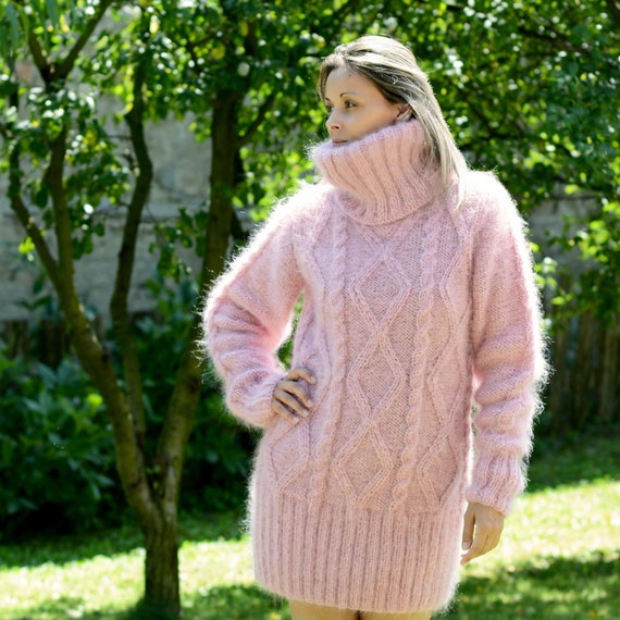 Mohair Dress, Hand Knitted PINK Fuzzy Fetish Jersey, Cable Knit
