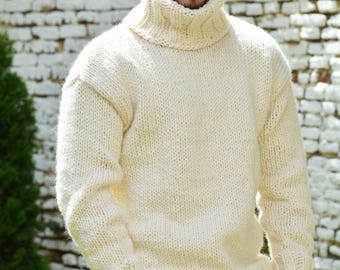 Hand Knitted pure Wool Sweater Denim White Soft Turtleneck Jumper Pullover Jersey by EXTRAVAGANTZA