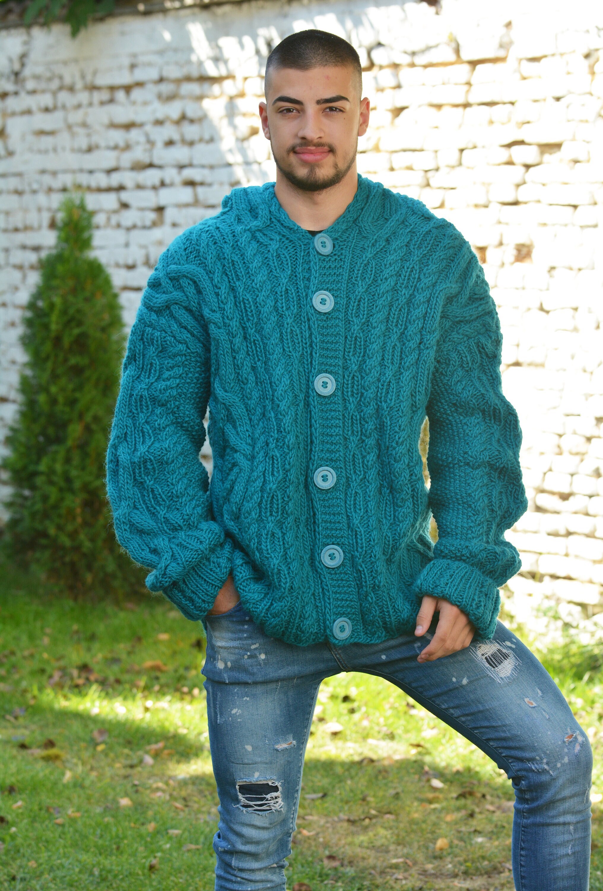 Hand Knitted Wool Hooded Jacket Cardigan - 17 Green