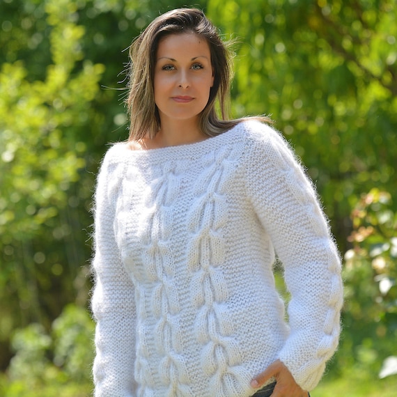 Designer Cable Hand Knitted Mohair Boat Neck Sweater off White - Etsy New  Zealand