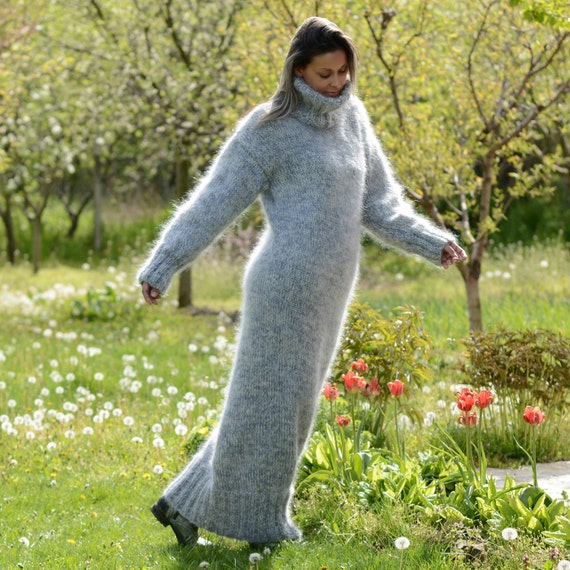 Hand Knit Mohair Turtleneck Dress Long Fuzzy White Blue Mix Fluffy Fetish  Sweater Gown by Extravagantza - Etsy