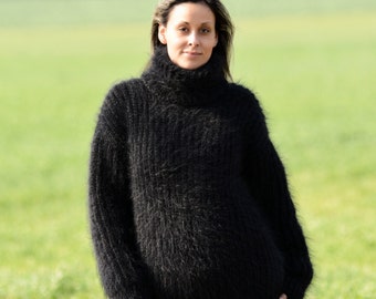 New BLACK Hand Knit Mohair Sweater Turtleneck Fuzzy Pullover by Extravagantza MADE to ORDER