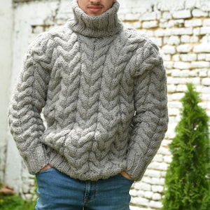 Designer Hand Knitted Wool Sweater Thick Cable Light Grey Mix - Etsy