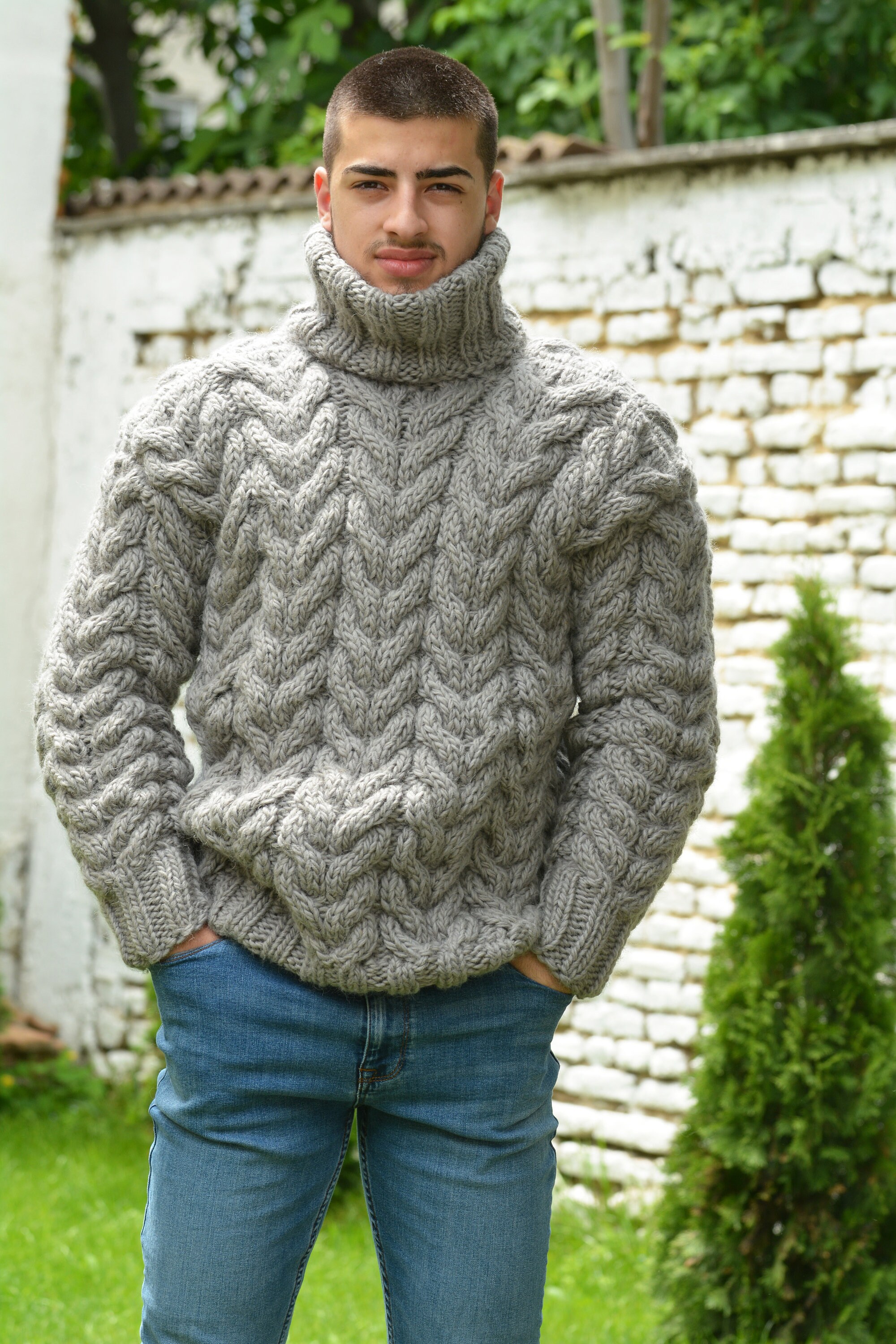 Buy Designer Hand Knitted Wool Sweater Thick Cable Light Grey Mix 
