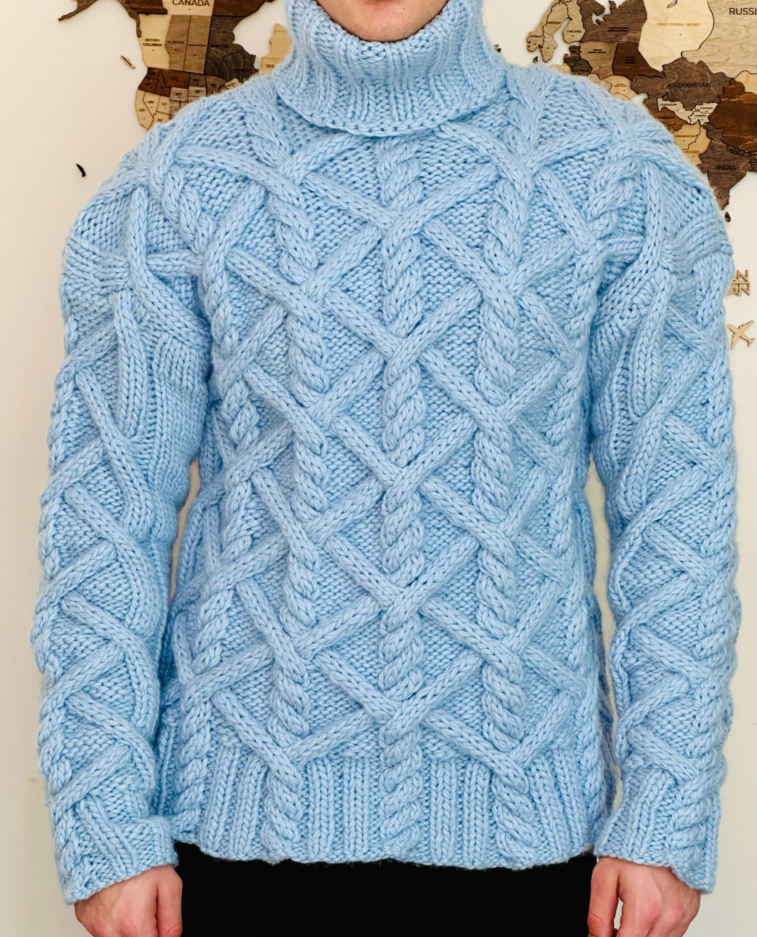 Cable Hand Knitted Merino Sweater Blue Wool Turtleneck Jumper