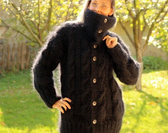 Hand Knit Mohair Cardigan Turtleneck Black Thick Fuzzy Coat Fluffy Cable Mix  Sweater Jacket by Extravagantza