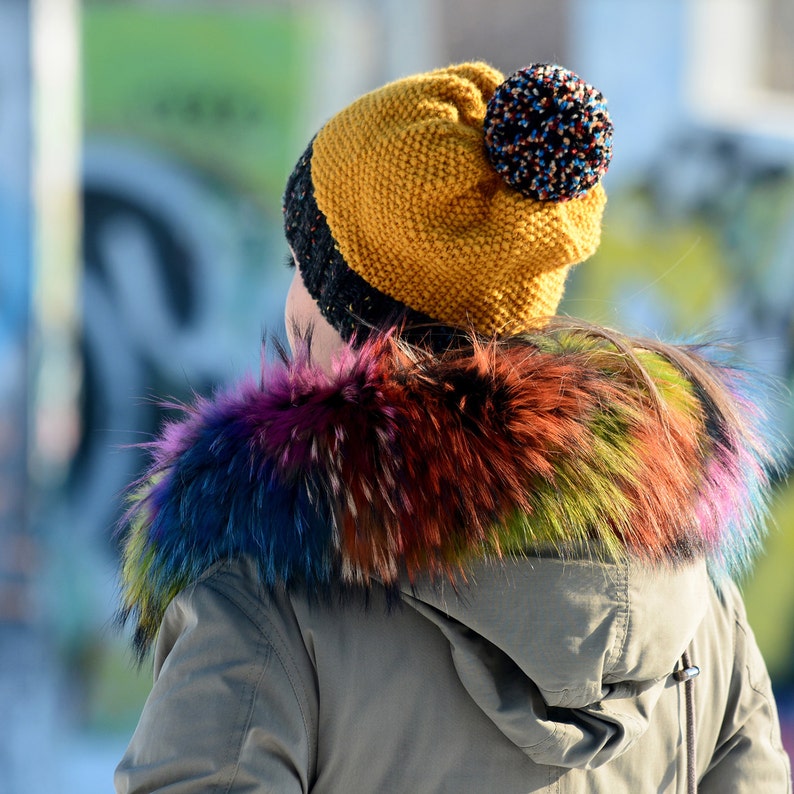 Hand Knitted Hat Chunky Wool Pom Pom Yellow Multicolor Designer Black Winter Soft Winter Hat Head Warmer by EXTRAVAGANTZA image 4