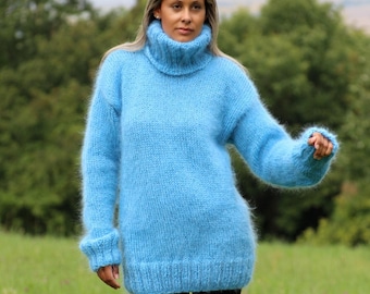 Hand Knitted Mohair Sweater Light Blue Fuzzy Turtleneck Jumper