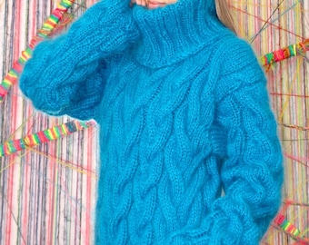 Hand Knit Mohair Sweater Cable Blue Fuzzy Turtleneck Jumper Pullover Jersey by Extravagantza