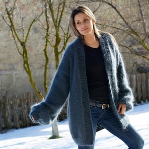 Hand Knitted Mohair Cardigan Over-sized Dark GRAY Blue Color Thick Chunky Coat Soft Sweater Jacket by EXTRAVAGANTZA