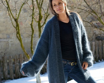 Hand Knitted Mohair Cardigan Over-sized Dark GRAY Blue Color Thick Chunky Coat Soft Sweater Jacket by EXTRAVAGANTZA